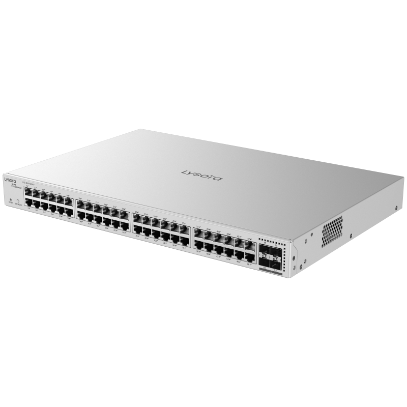 LS2-48GT4SFP-P-Angle1 LS2-48GT4SFP-P 48-Port Layer 2 Managed PoE Switch with 370 W PoE Budget Angle1